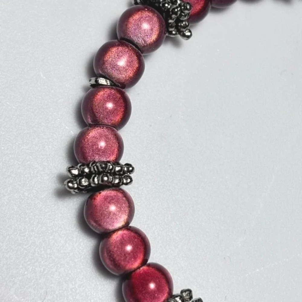 Vintage Burgundy Metallic Beaded Stretch Bracelet Silver Tone Spacer Accents